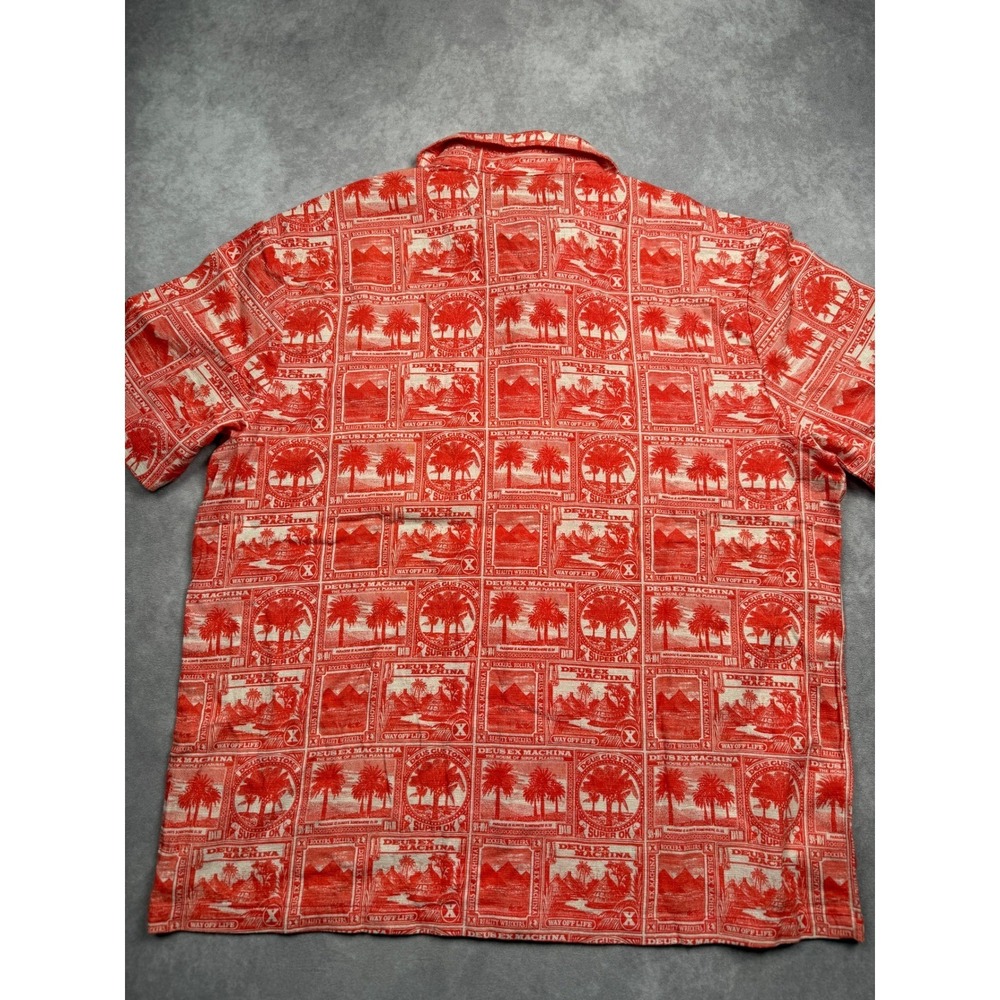 NWT Deus Ex Machina Men M Mail-Man Shirt Red Stamp Palm Print Cotton Button Up - Picture 2 of 14